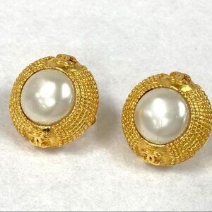 Chanel Vintage Faux Pearl Gold Tone Earrings
